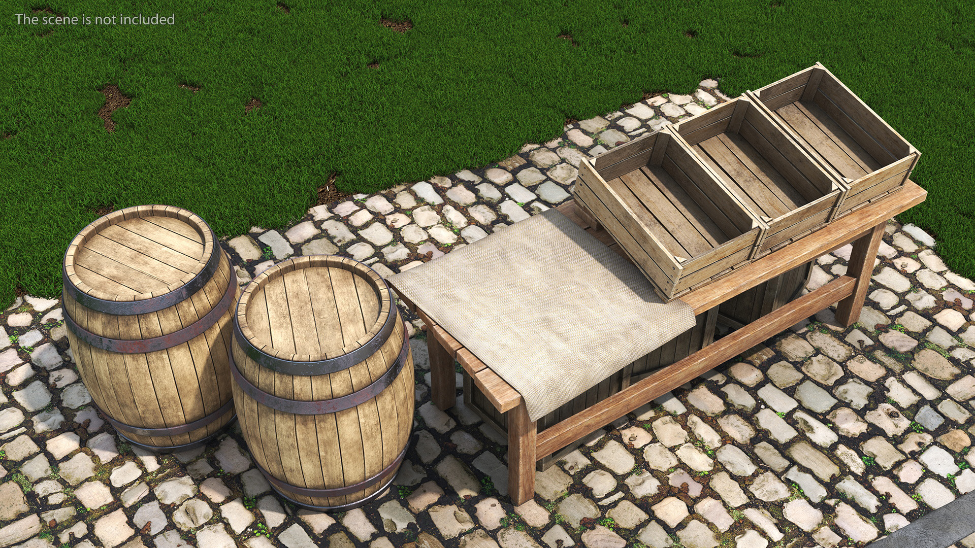 Historical Market Stand with Barrels and Crates 3D