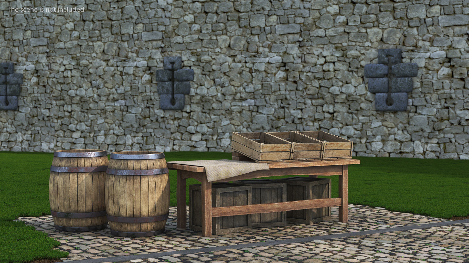 Historical Market Stand with Barrels and Crates 3D