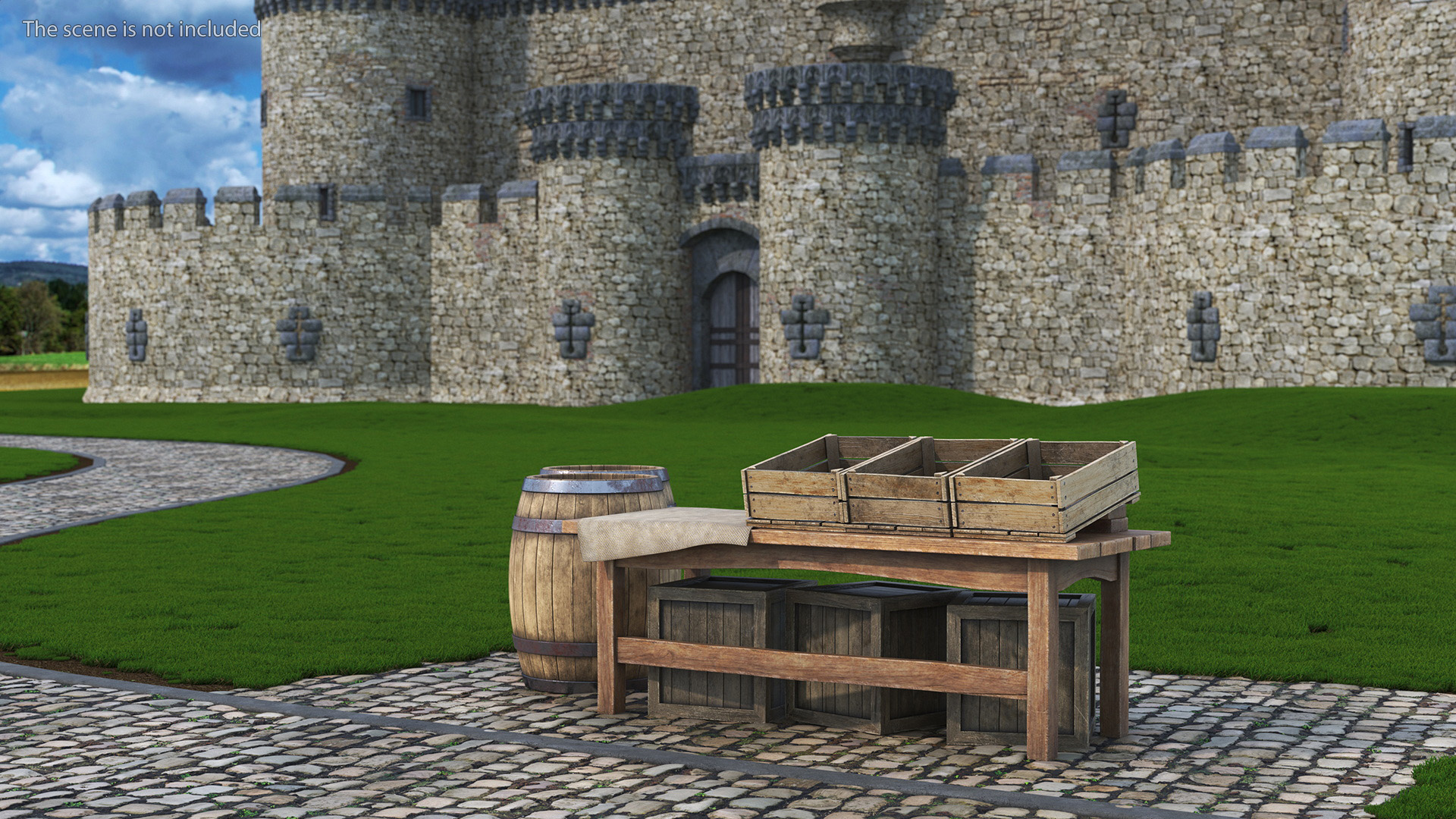 Historical Market Stand with Barrels and Crates 3D