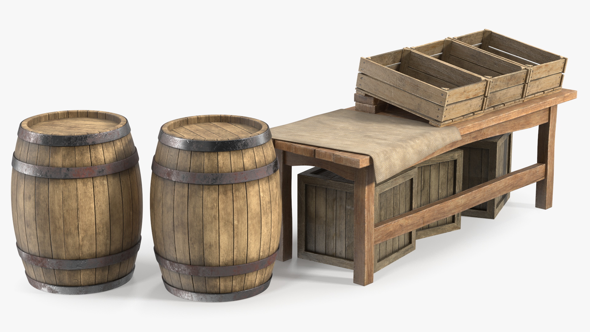 Historical Market Stand with Barrels and Crates 3D
