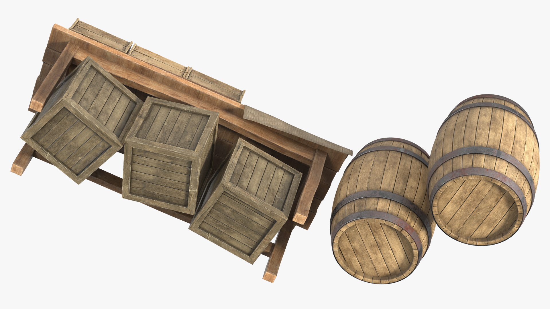 Historical Market Stand with Barrels and Crates 3D