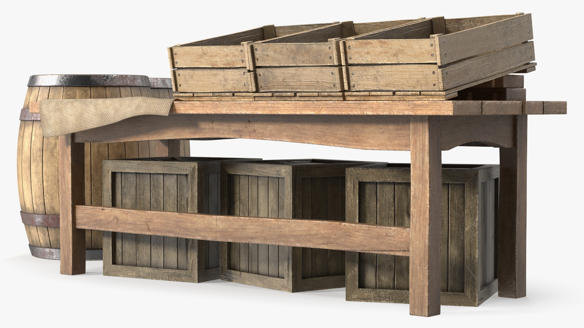 Historical Market Stand with Barrels and Crates 3D