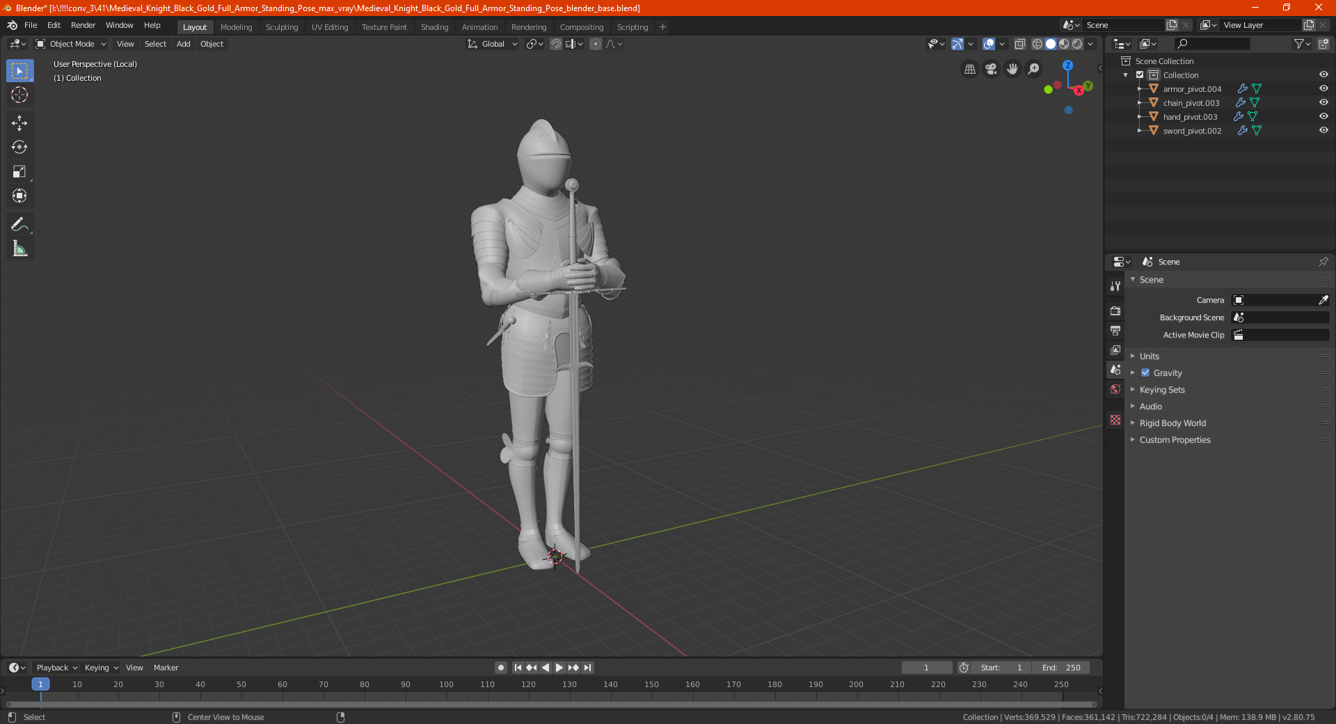3D Medieval Knight Black Gold Full Armor Standing Pose