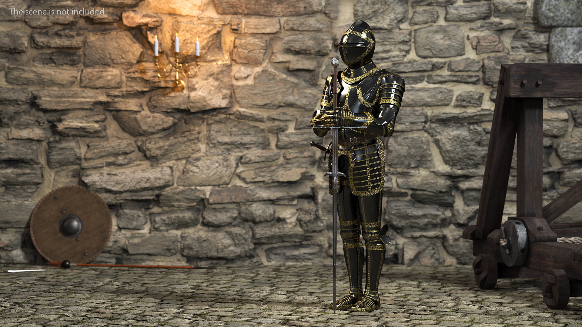 3D Medieval Knight Black Gold Full Armor Standing Pose