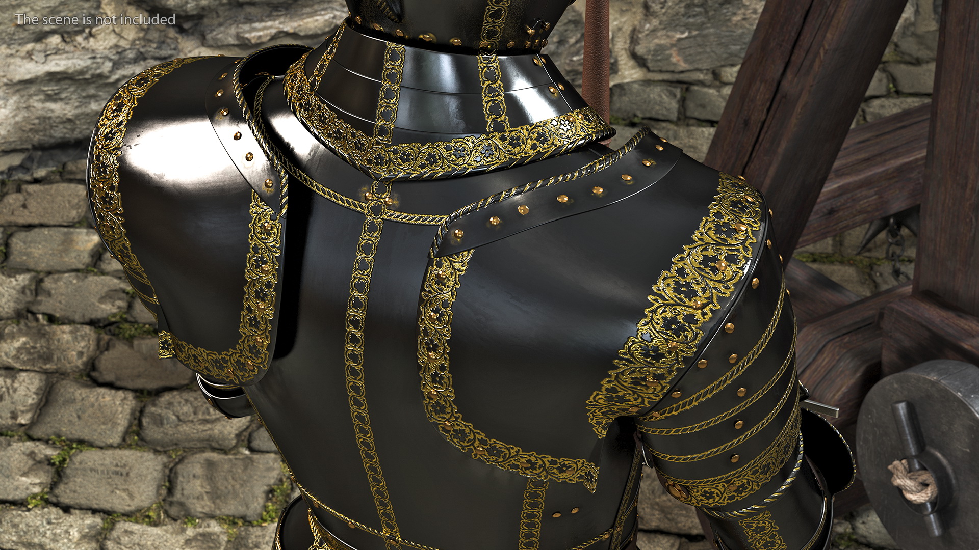 3D Medieval Knight Black Gold Full Armor Standing Pose