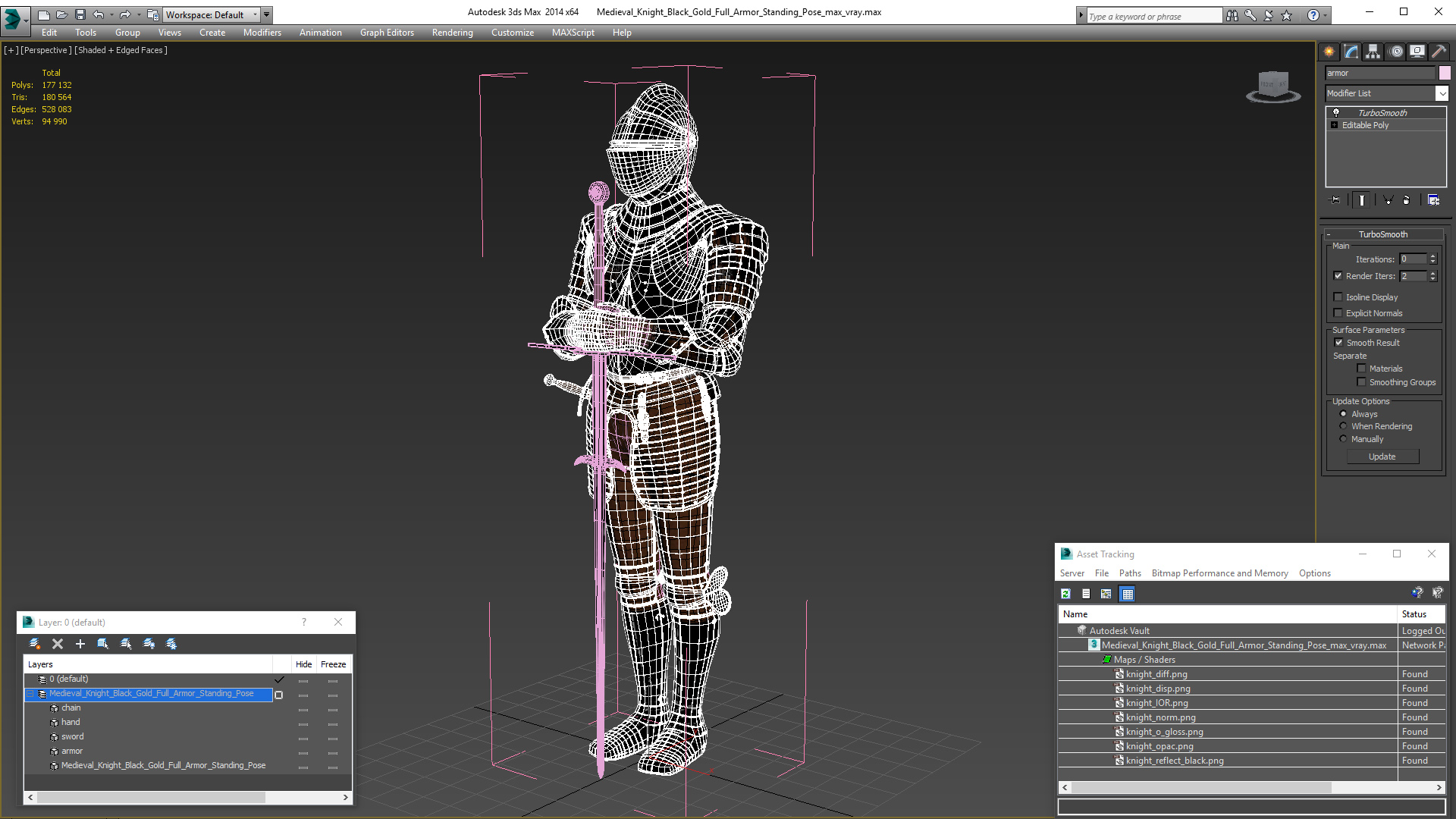 3D Medieval Knight Black Gold Full Armor Standing Pose