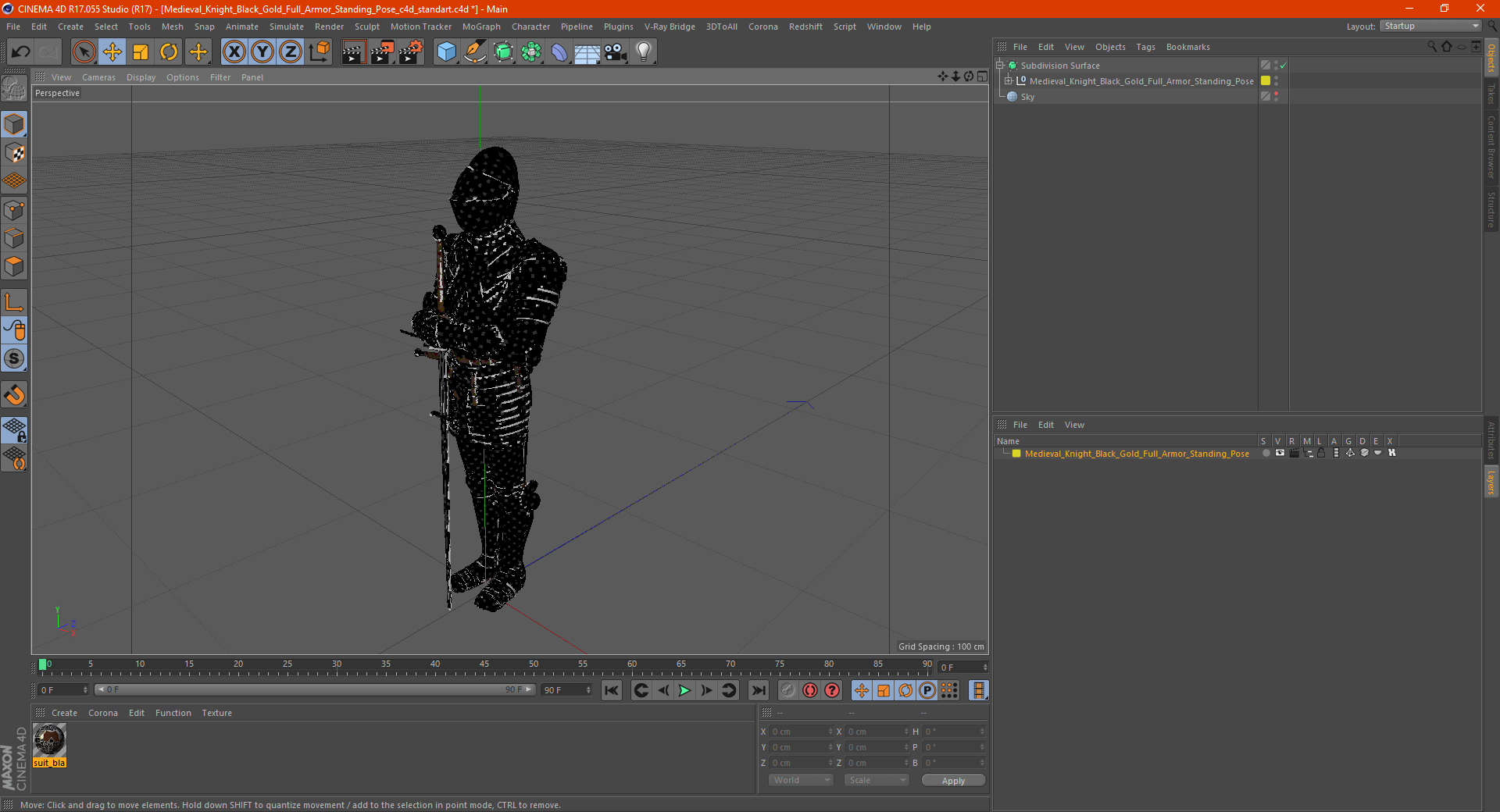 3D Medieval Knight Black Gold Full Armor Standing Pose