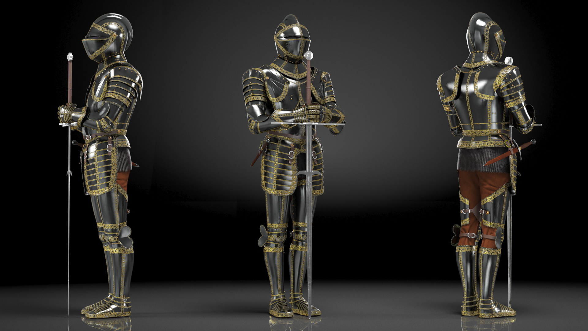 3D Medieval Knight Black Gold Full Armor Standing Pose