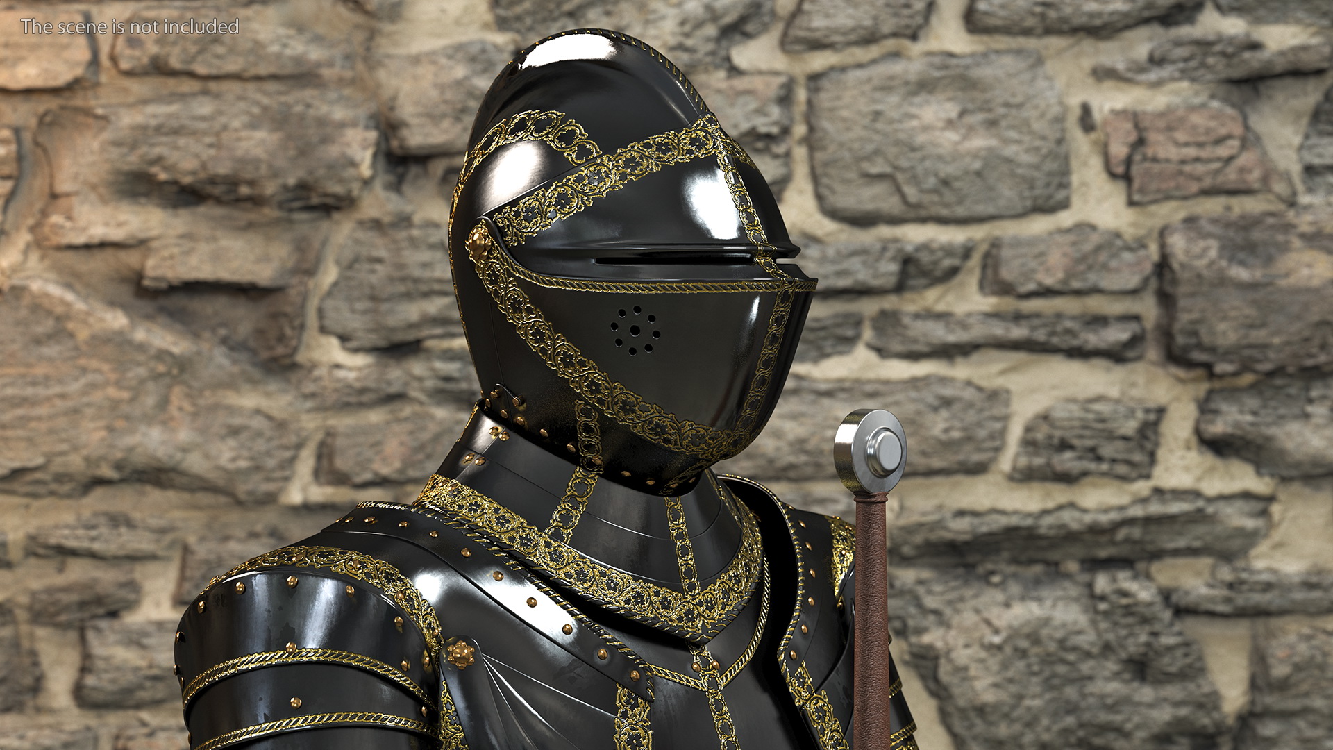 3D Medieval Knight Black Gold Full Armor Standing Pose
