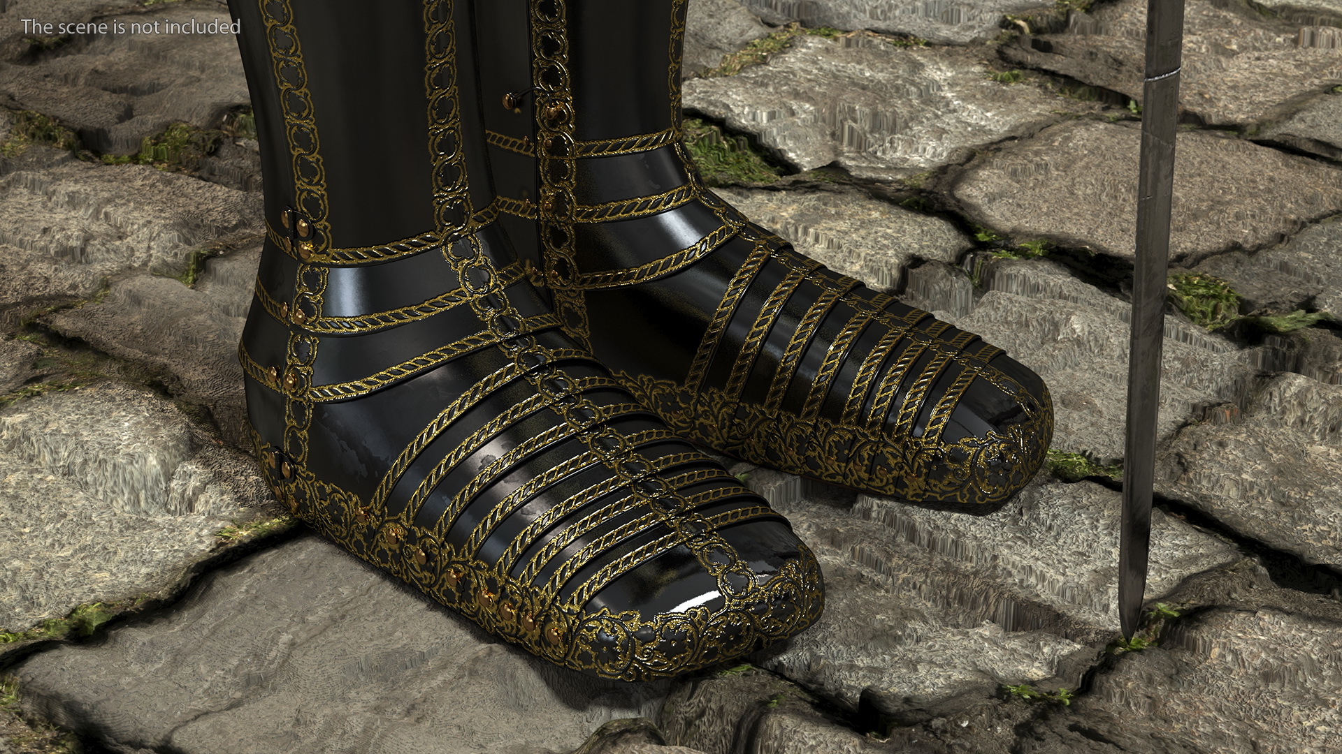 3D Medieval Knight Black Gold Full Armor Standing Pose