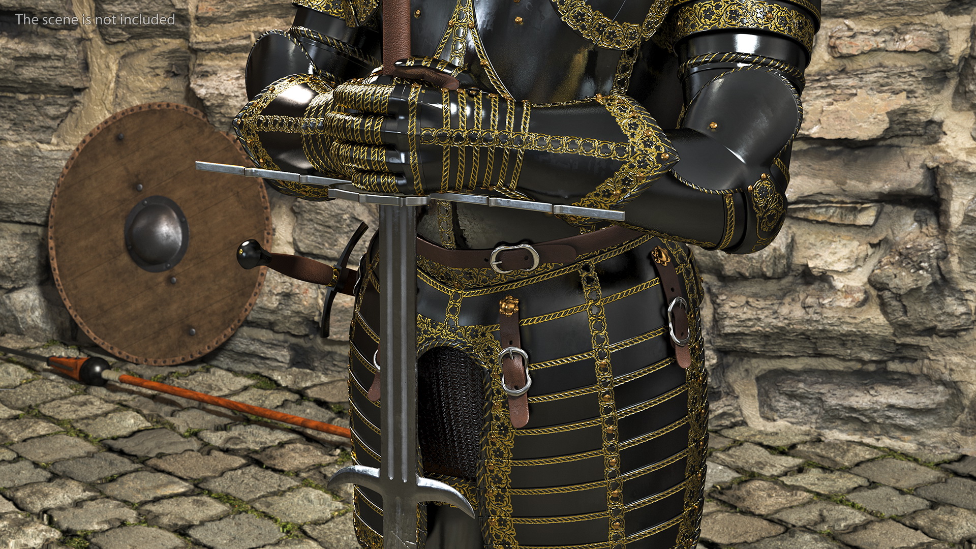 3D Medieval Knight Black Gold Full Armor Standing Pose