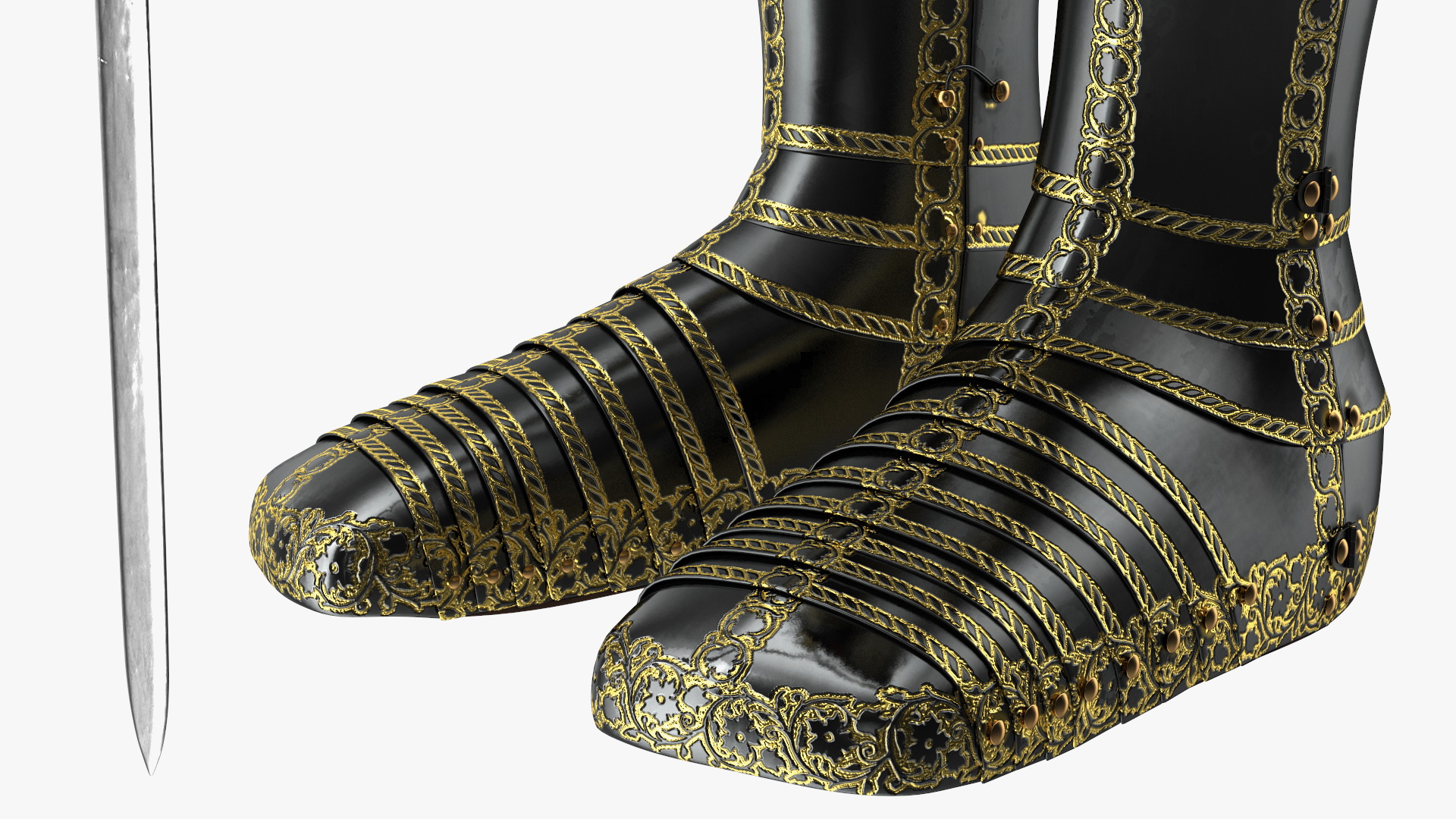 3D Medieval Knight Black Gold Full Armor Standing Pose
