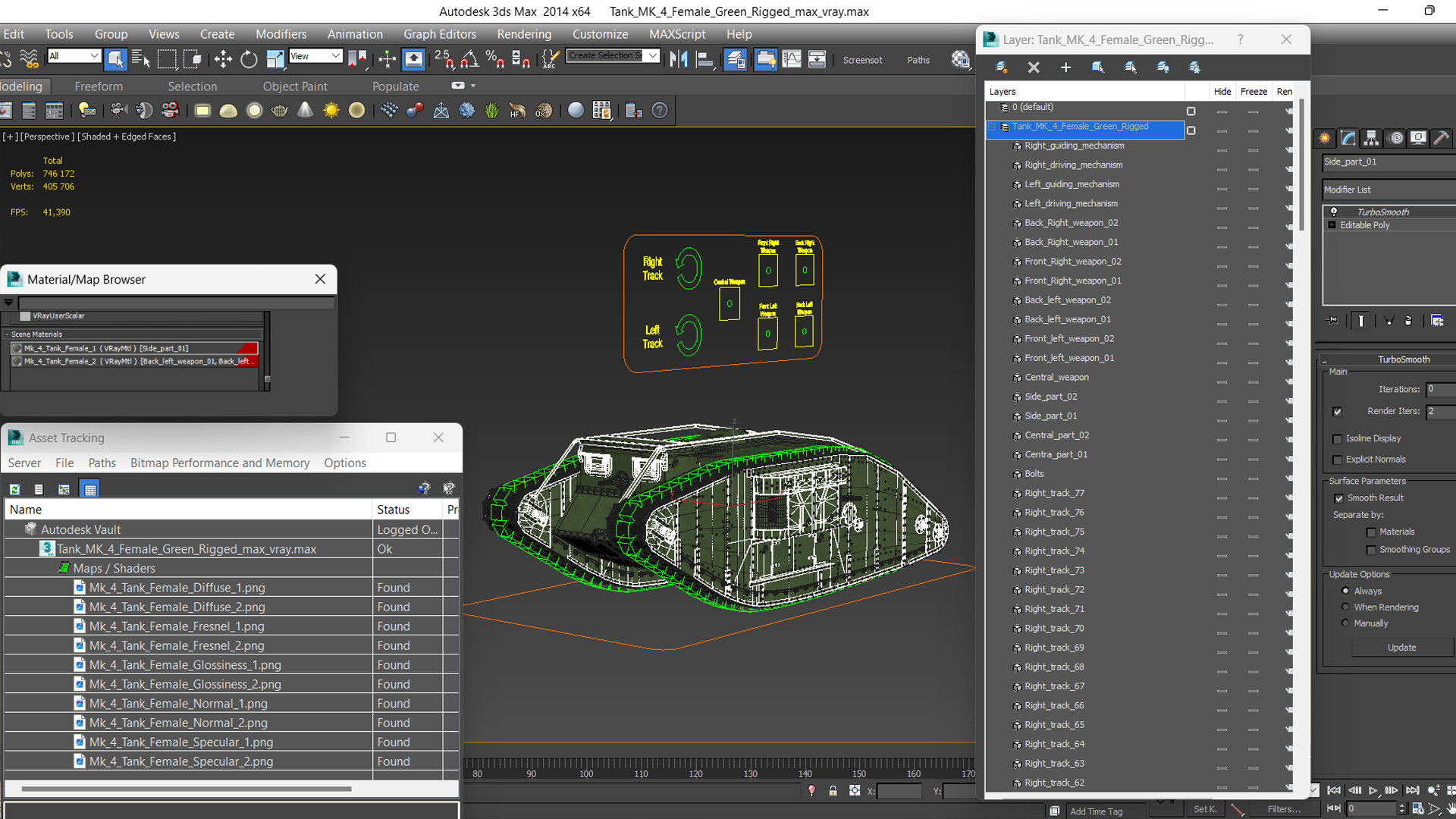 3D Tank MK 4 Female Green Rigged for Maya model