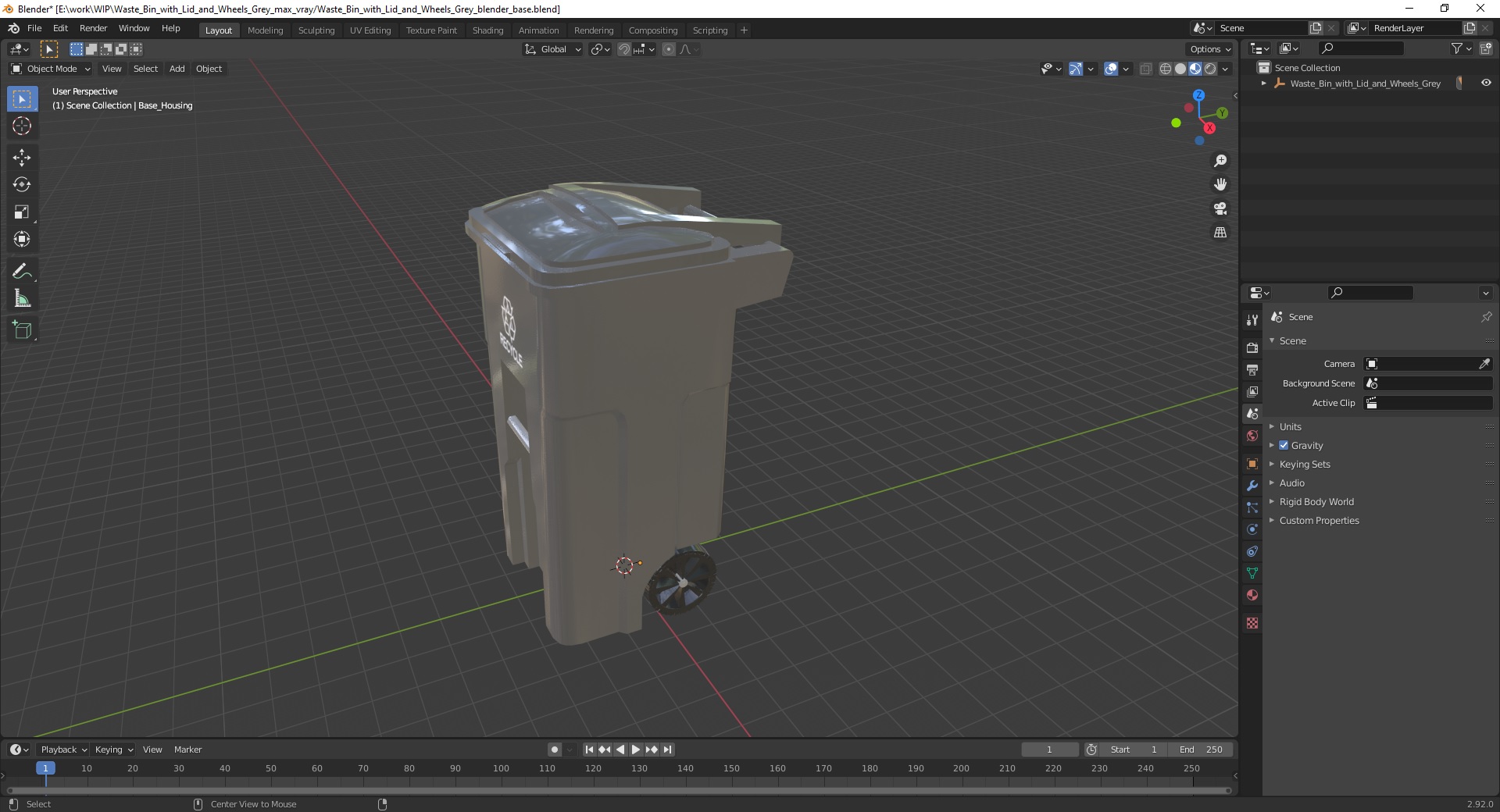 Waste Bin with Lid and Wheels Grey 3D model