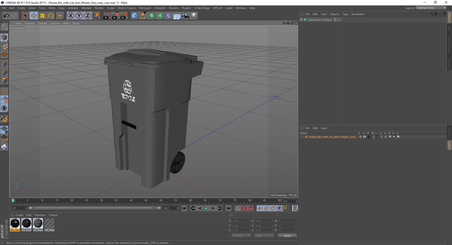 Waste Bin with Lid and Wheels Grey 3D model