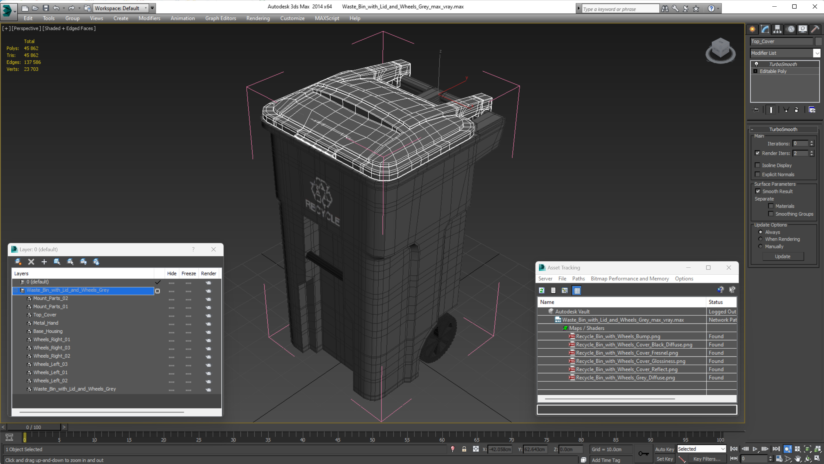 Waste Bin with Lid and Wheels Grey 3D model