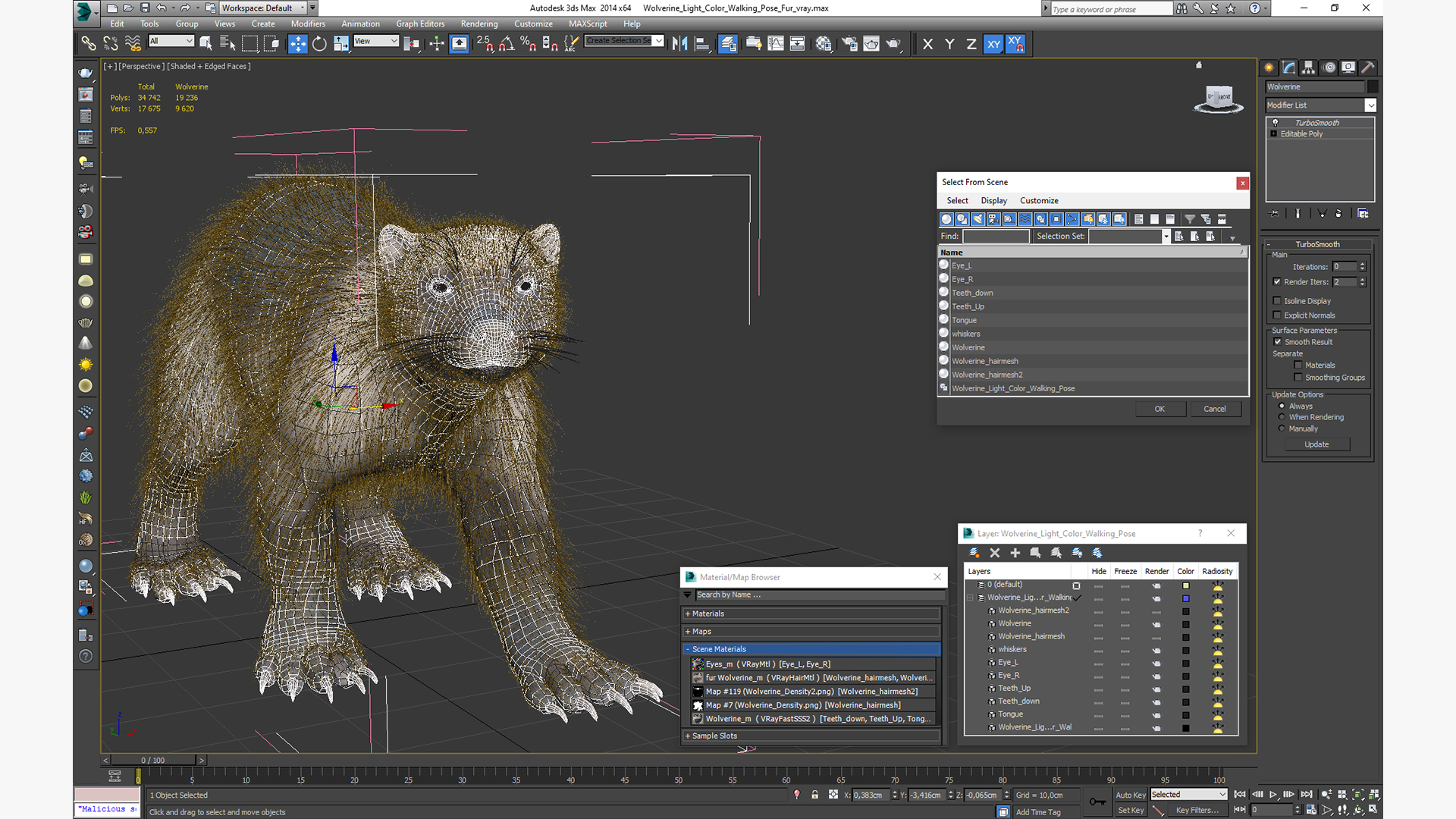 3D Wolverine Light Color Walking Pose Fur model