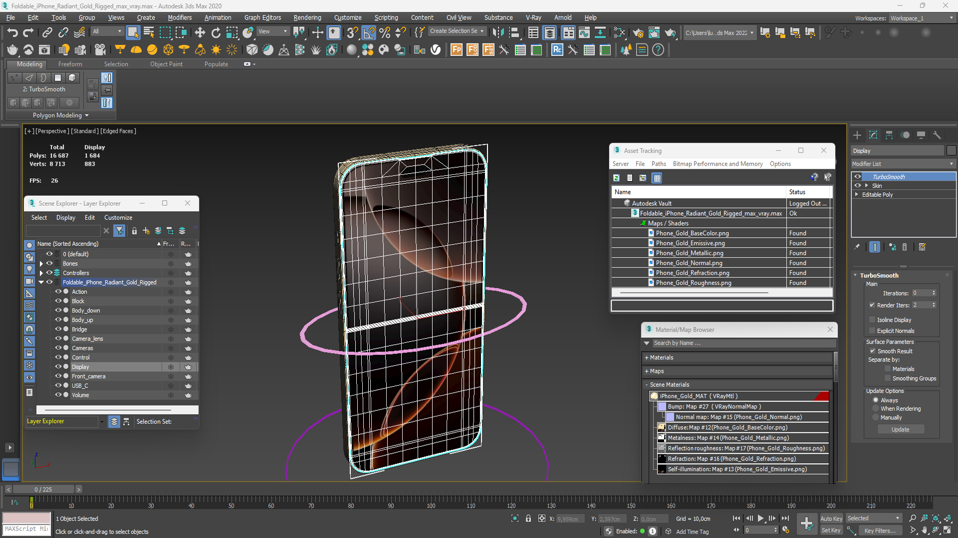 3D model Foldable iPhone Radiant Gold Rigged