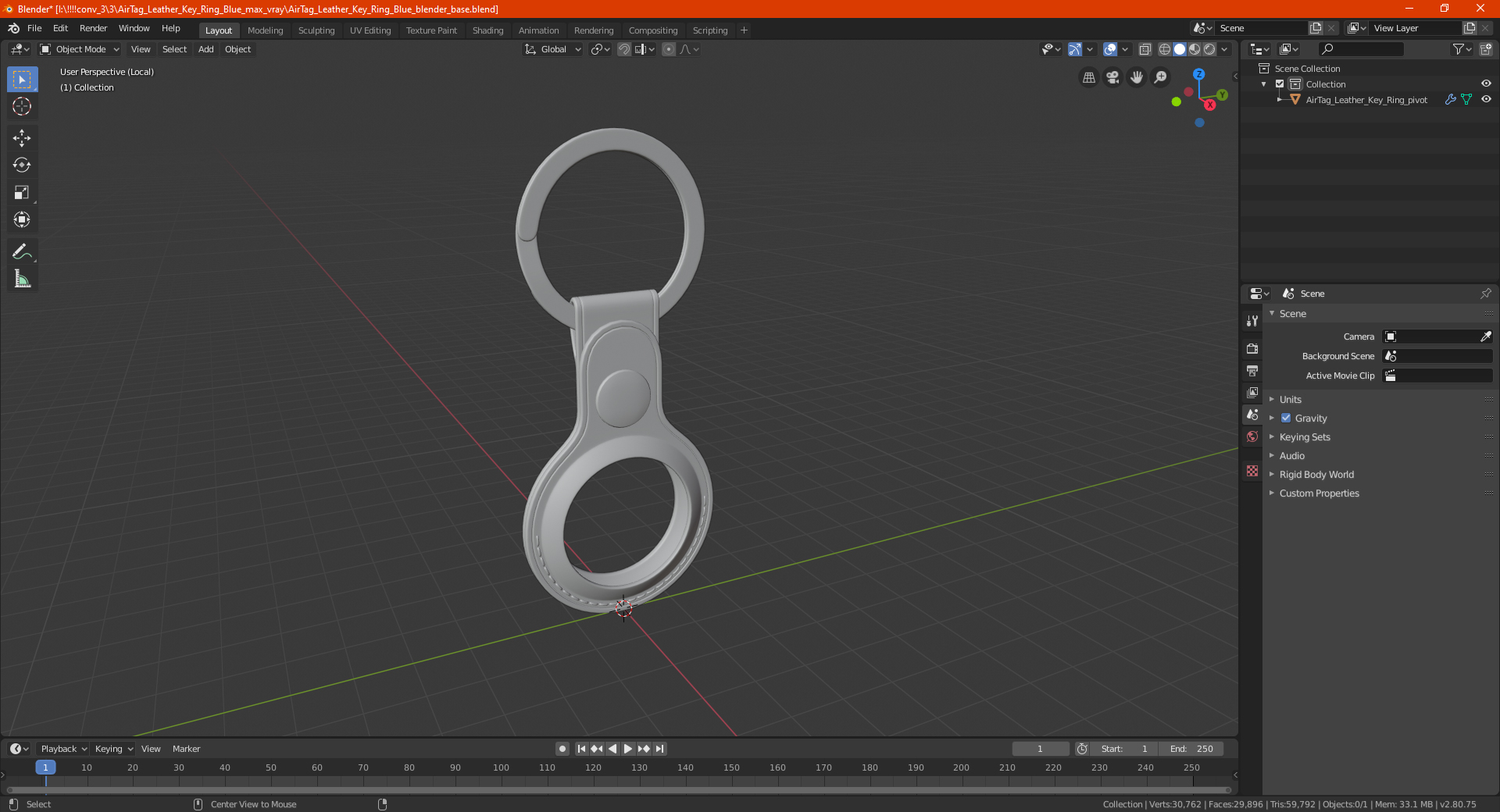 Leather Key Ring Black 3D