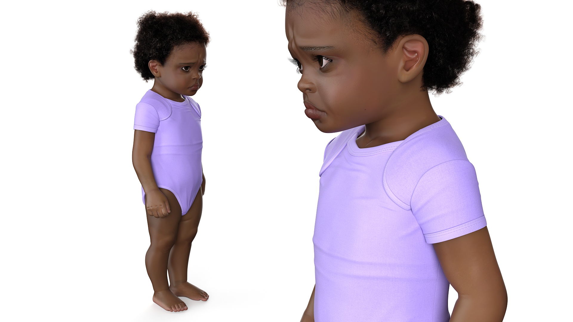 Black Toddler Girl Light Skin in Bodysuit Standing Fur 3D model