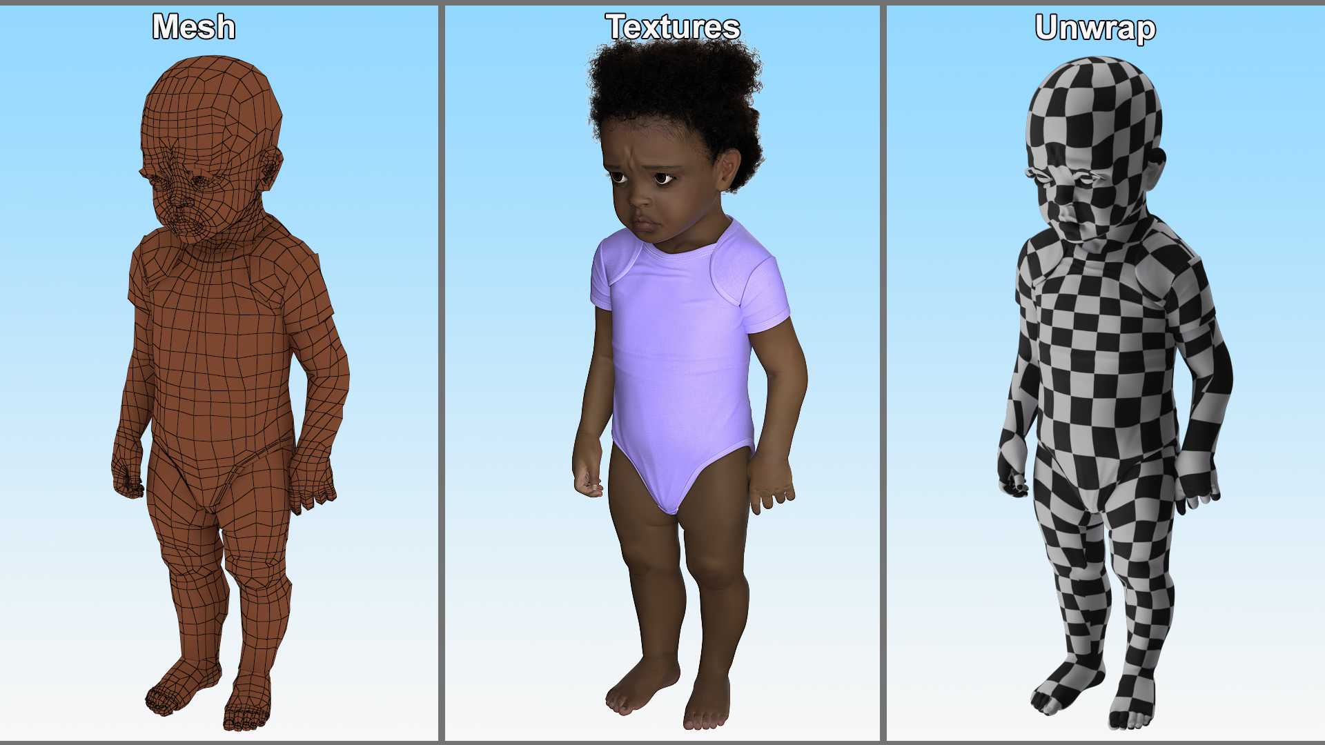 Black Toddler Girl Light Skin in Bodysuit Standing Fur 3D model