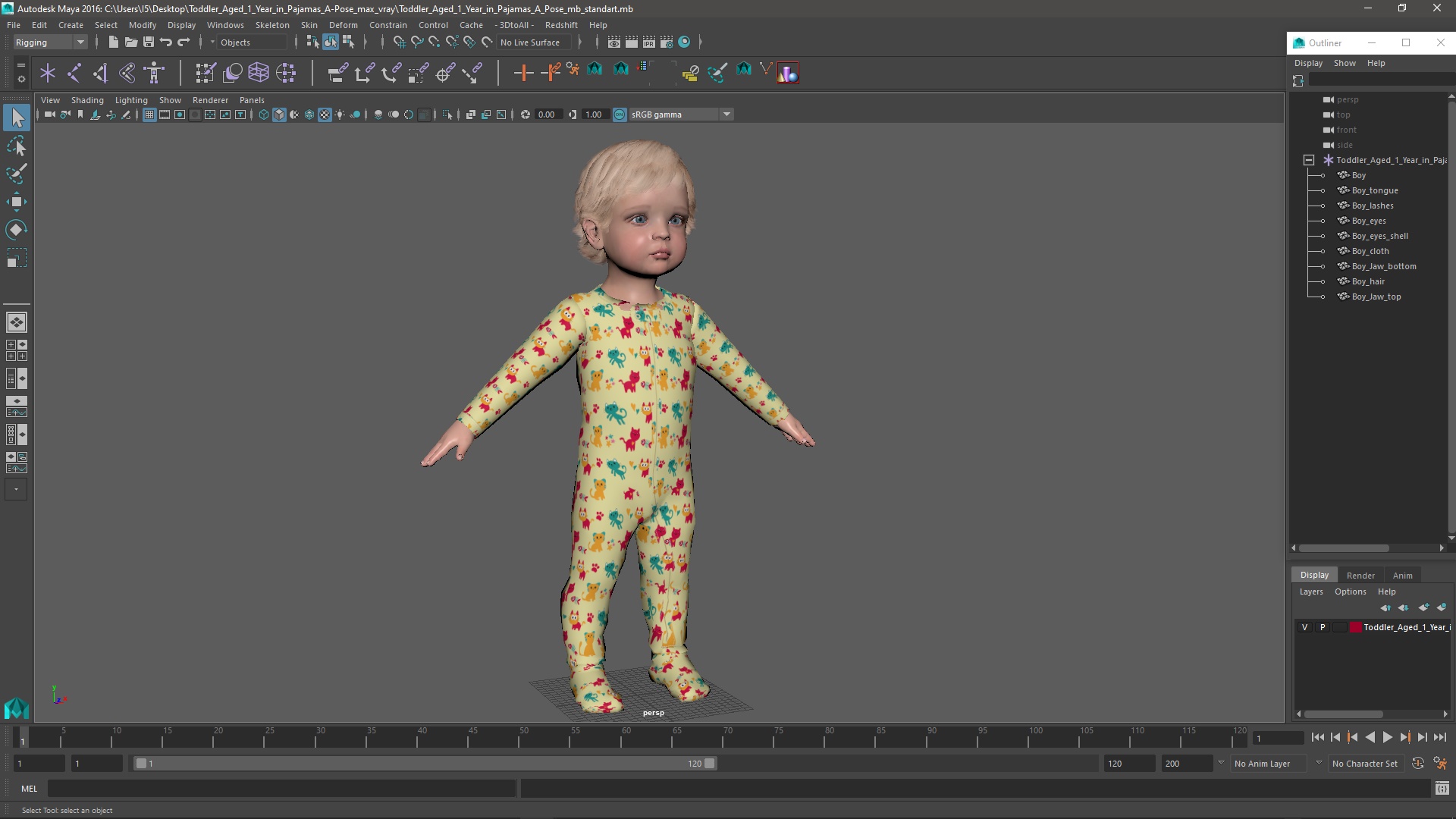 Toddler Aged 1 Year in Pajamas A-Pose 3D