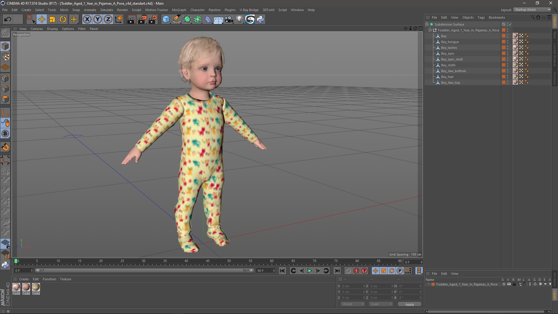 Toddler Aged 1 Year in Pajamas A-Pose 3D