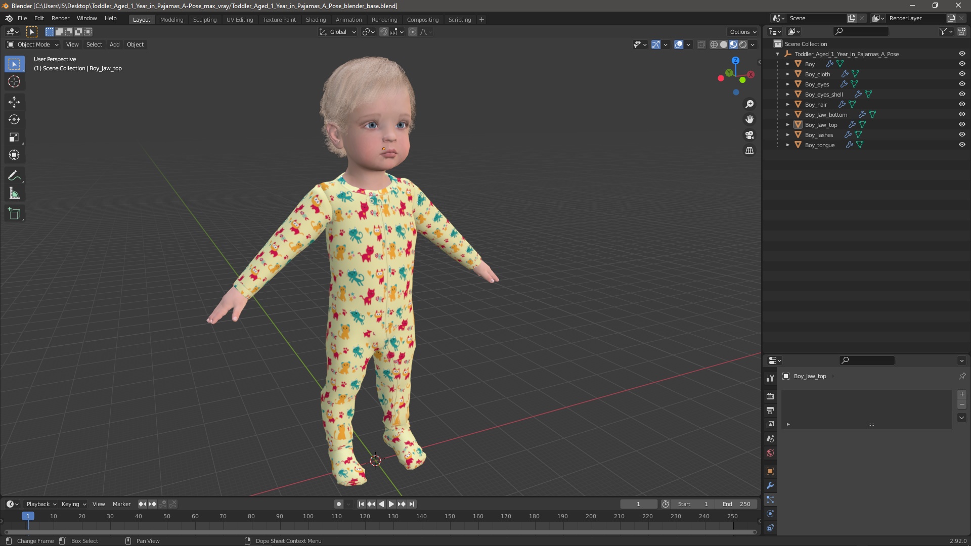Toddler Aged 1 Year in Pajamas A-Pose 3D