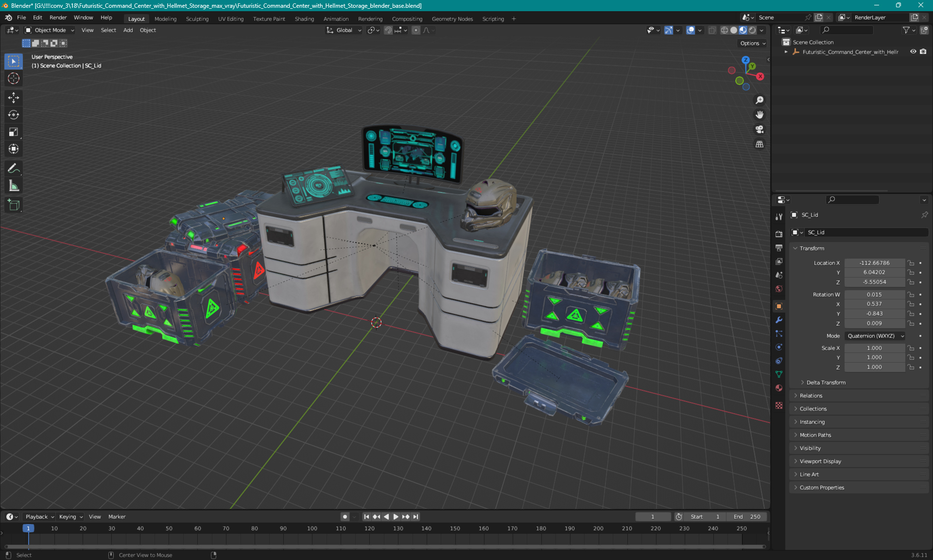 3D Futuristic Command Center with Hellmet Storage