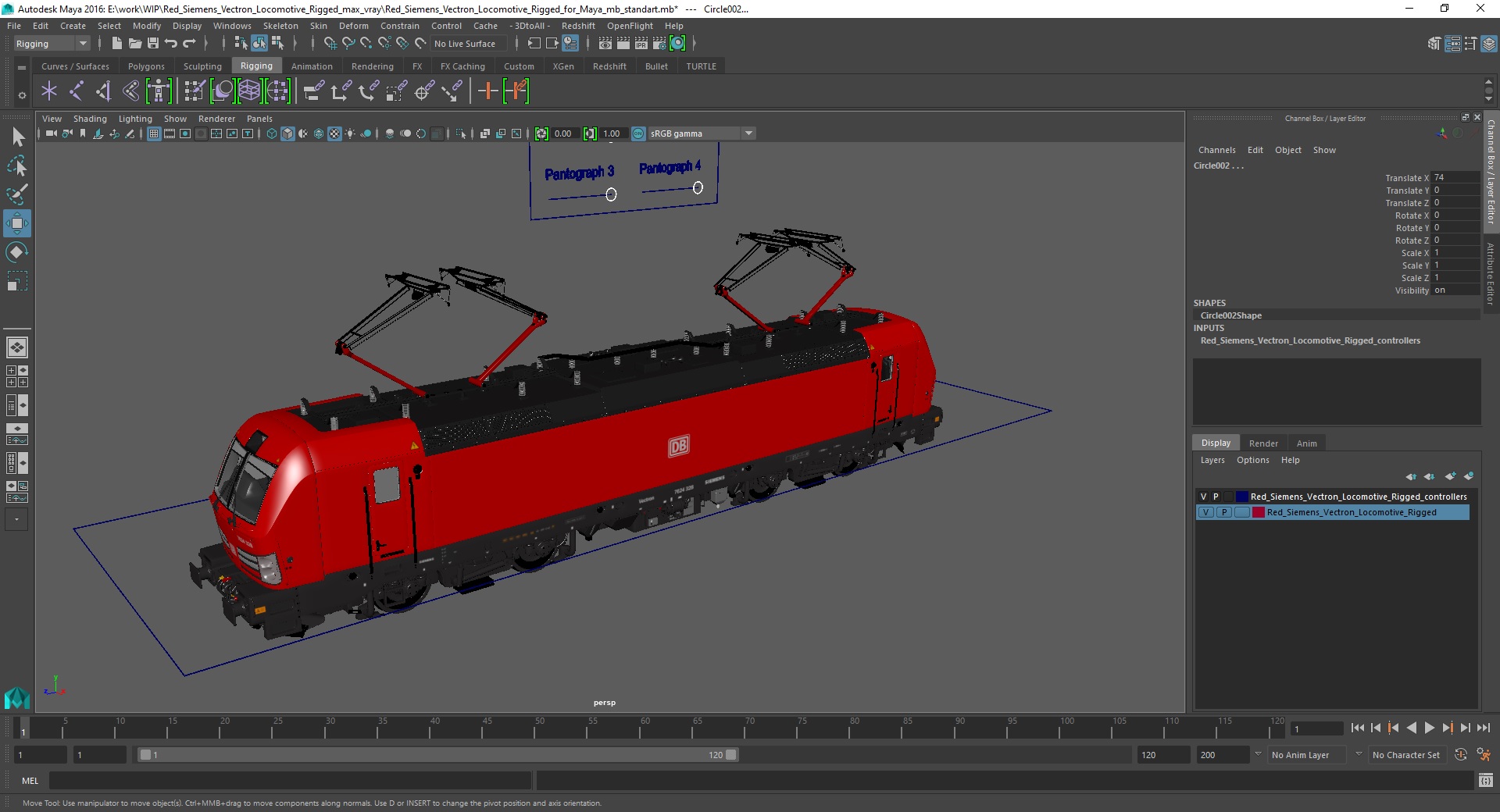 3D Red Siemens Vectron Locomotive Rigged for Maya