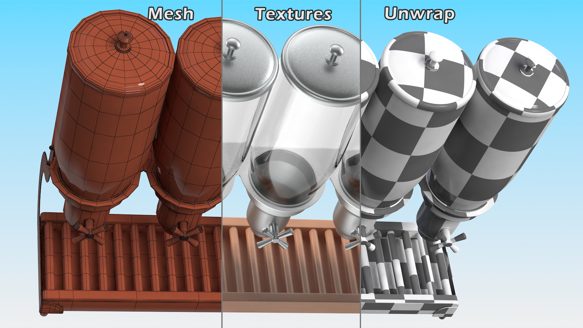 3D model Dispenser Five Containers Sealed For Dry Food Storage Wooden Base