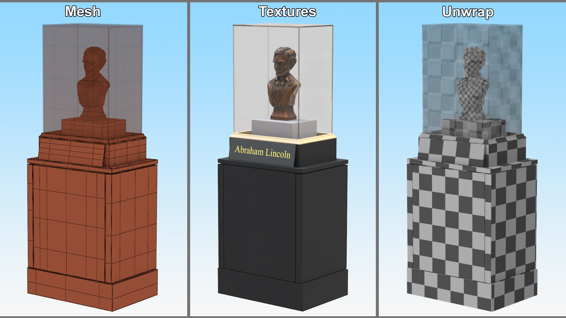 3D Bronze Bust of Lincoln in Museum Stand model