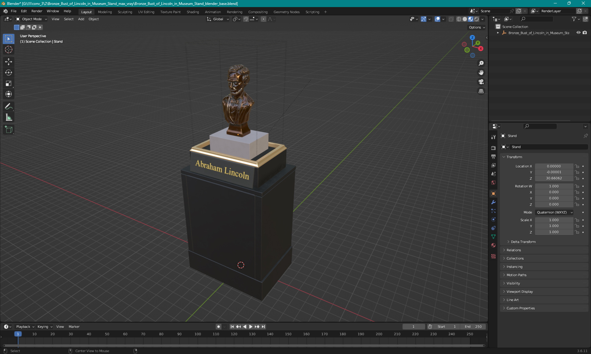 3D Bronze Bust of Lincoln in Museum Stand model