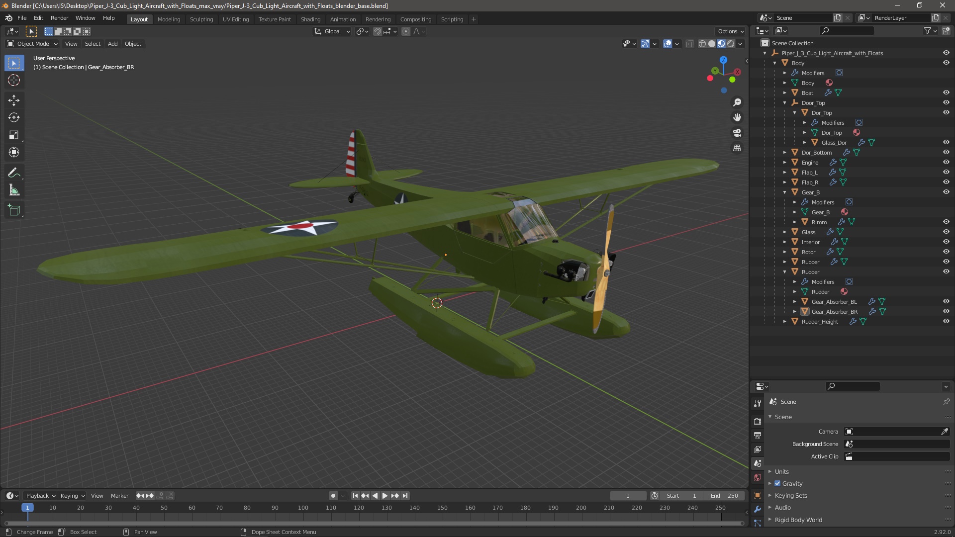 3D model Piper J-3 Cub Light Aircraft with Floats