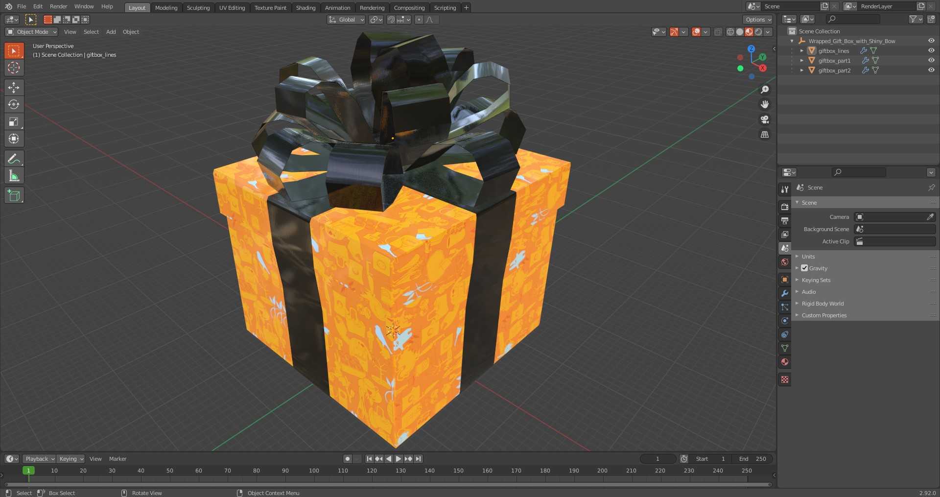 3D Wrapped Gift Box with Shiny Bow