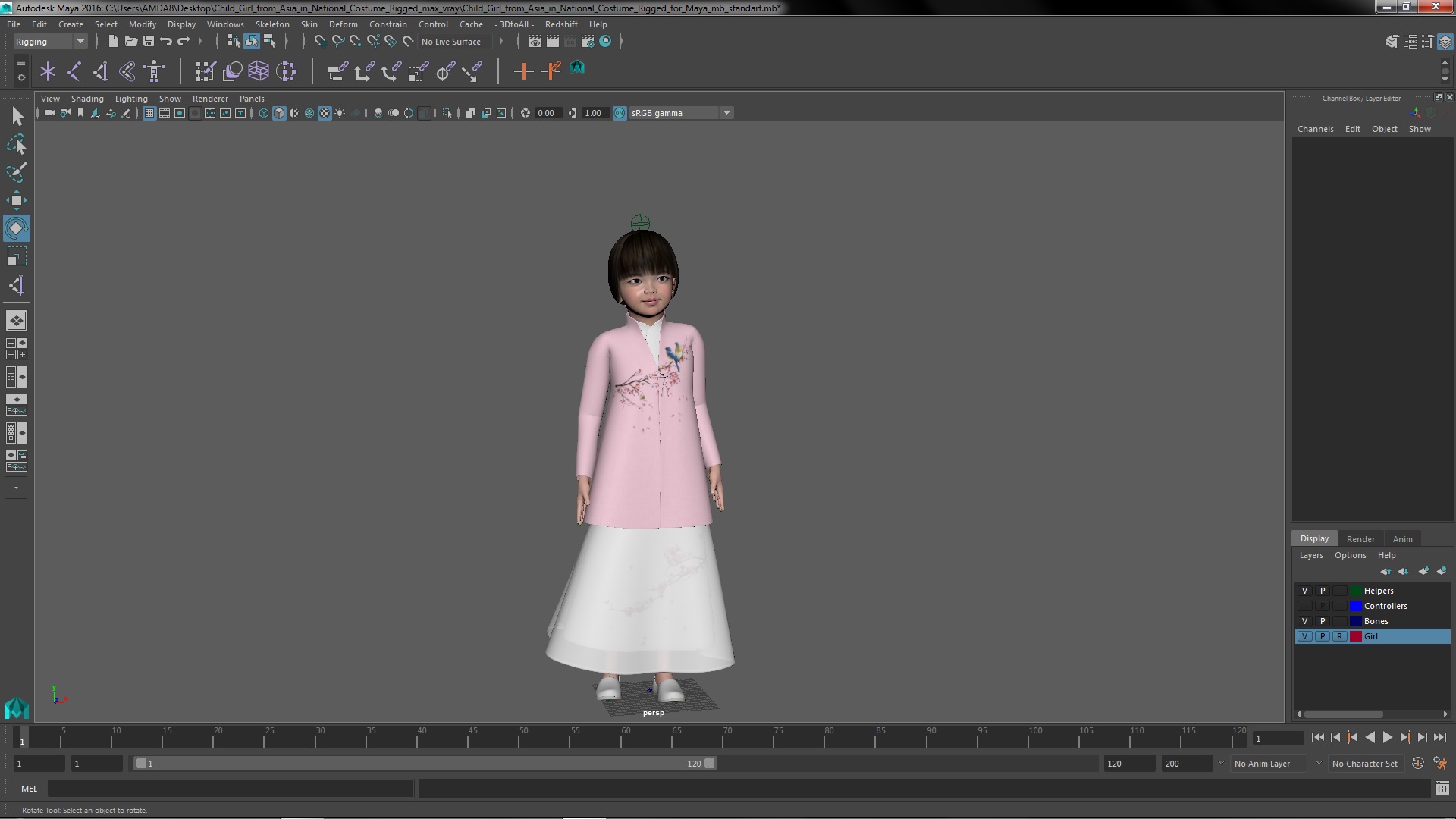 3D Child Girl from Asia in National Costume Rigged for Maya