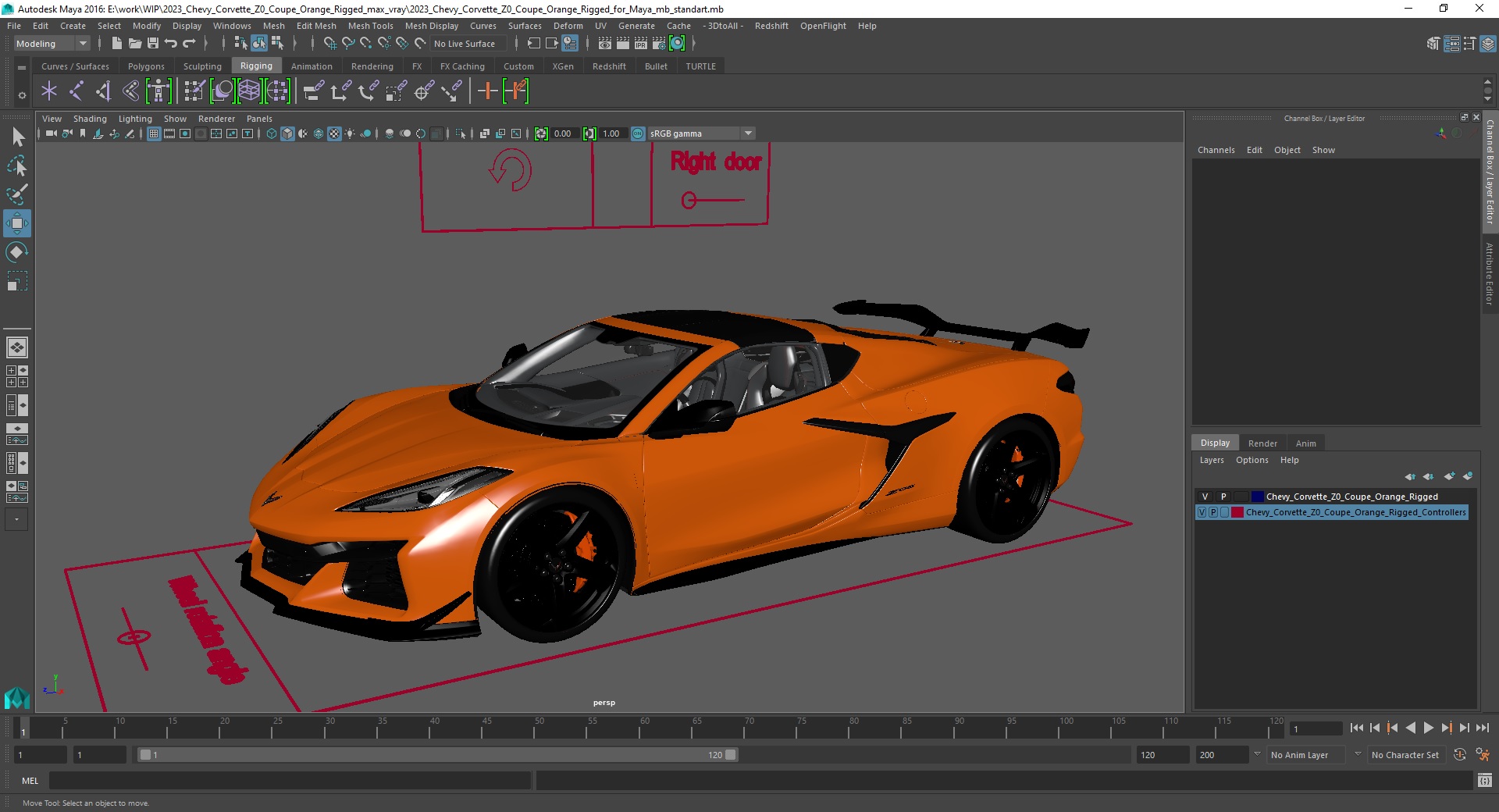3D 2023 Chevy Corvette Z0 Coupe Orange Rigged for Maya