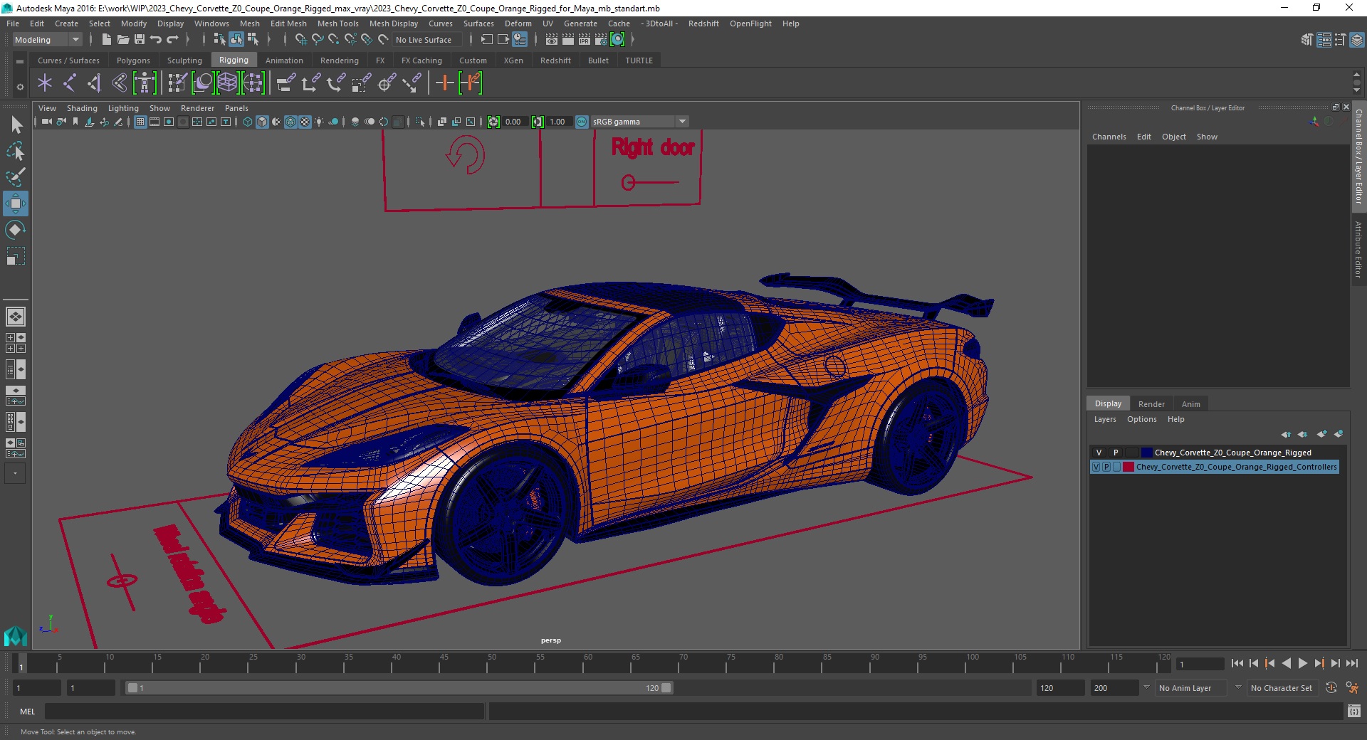 3D 2023 Chevy Corvette Z0 Coupe Orange Rigged for Maya