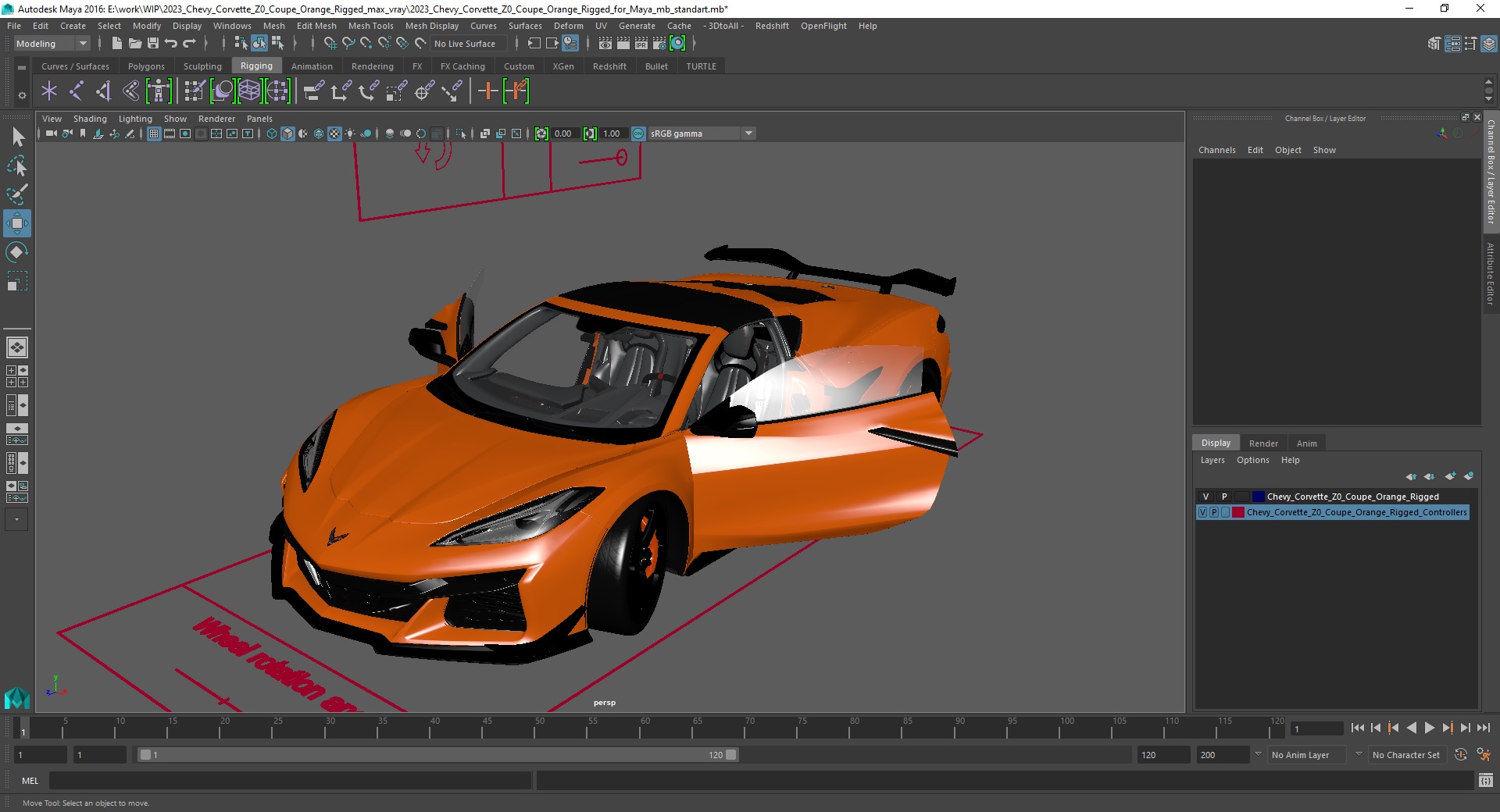 3D 2023 Chevy Corvette Z0 Coupe Orange Rigged for Maya
