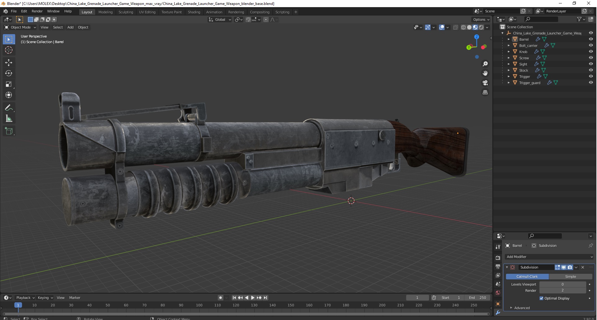 China Lake Grenade Launcher Game Weapon 3D model