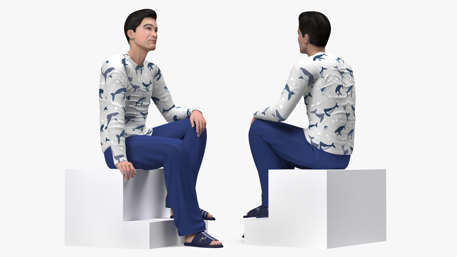 3D Asian Man Home Style Clothes Sitting Pose
