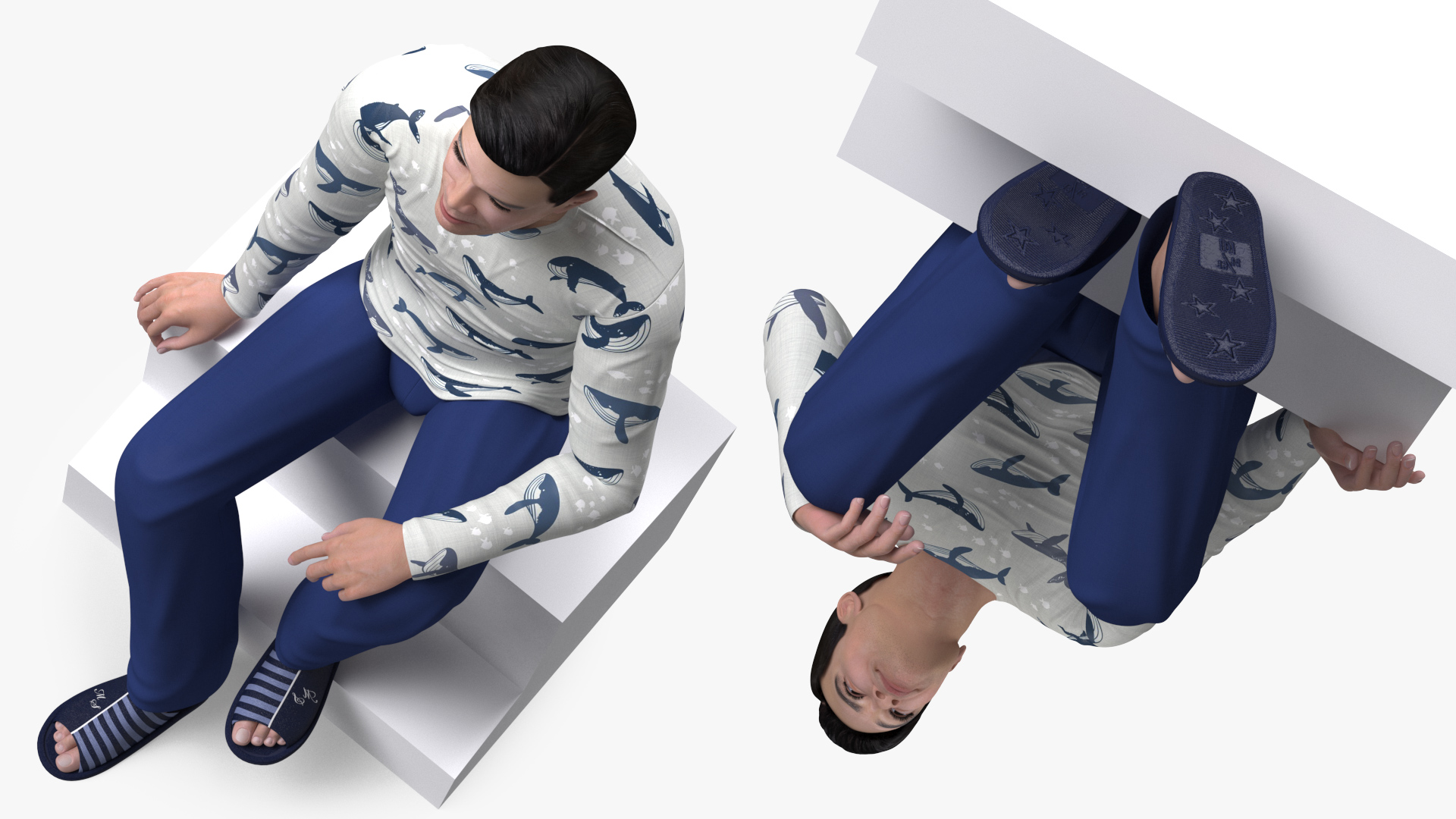 3D Asian Man Home Style Clothes Sitting Pose