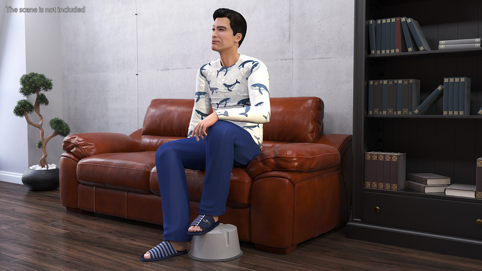 3D Asian Man Home Style Clothes Sitting Pose