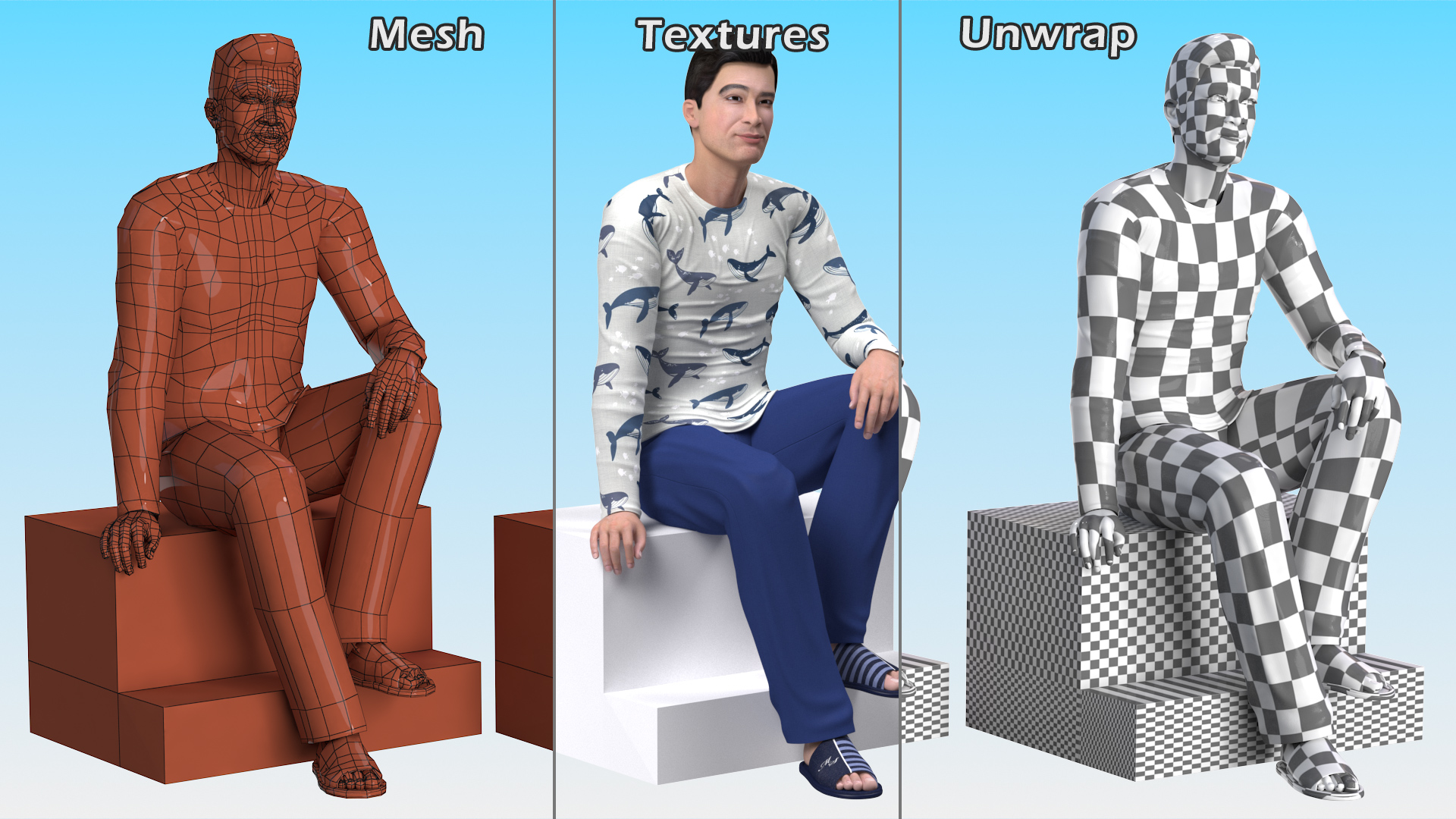 3D Asian Man Home Style Clothes Sitting Pose