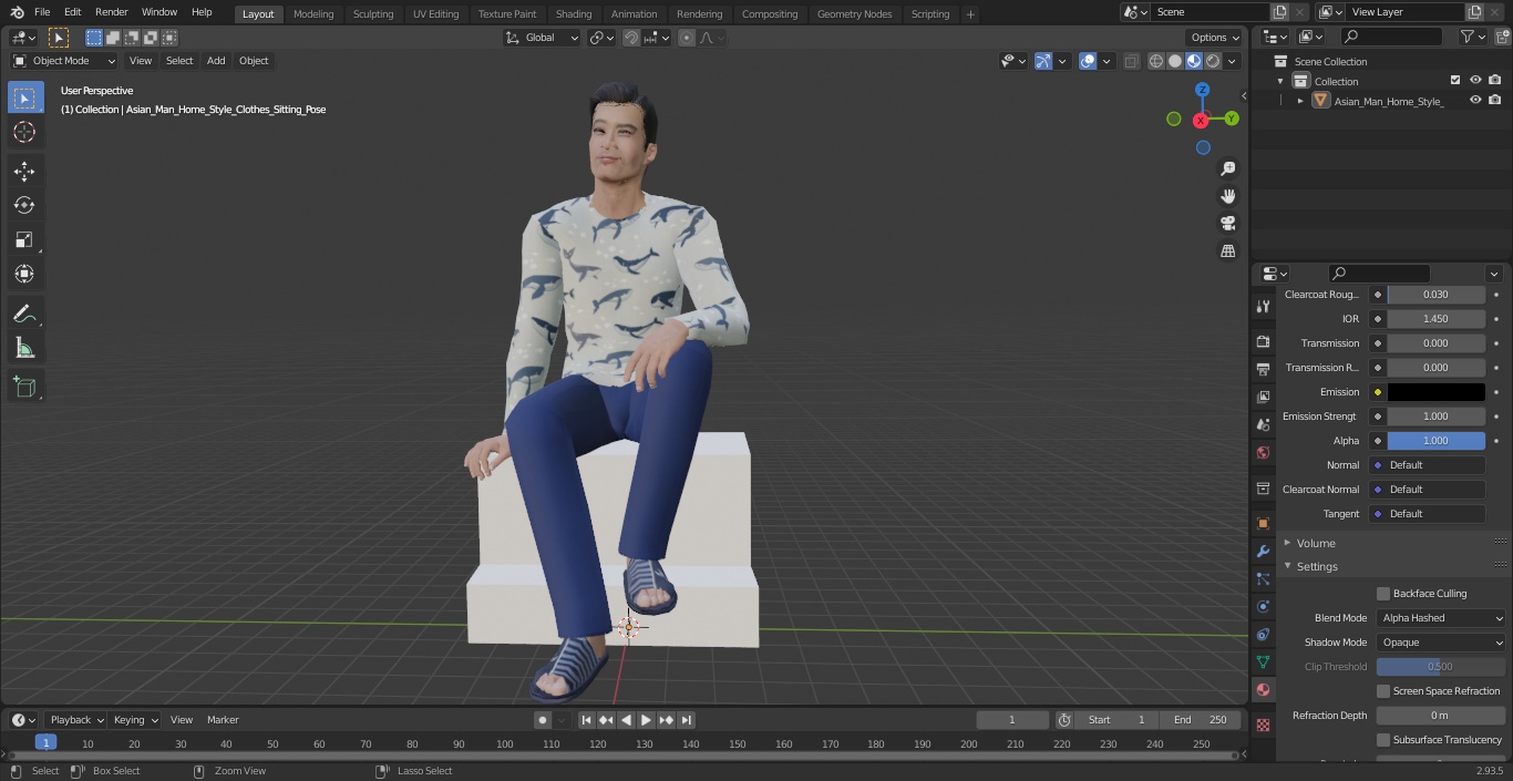 3D Asian Man Home Style Clothes Sitting Pose