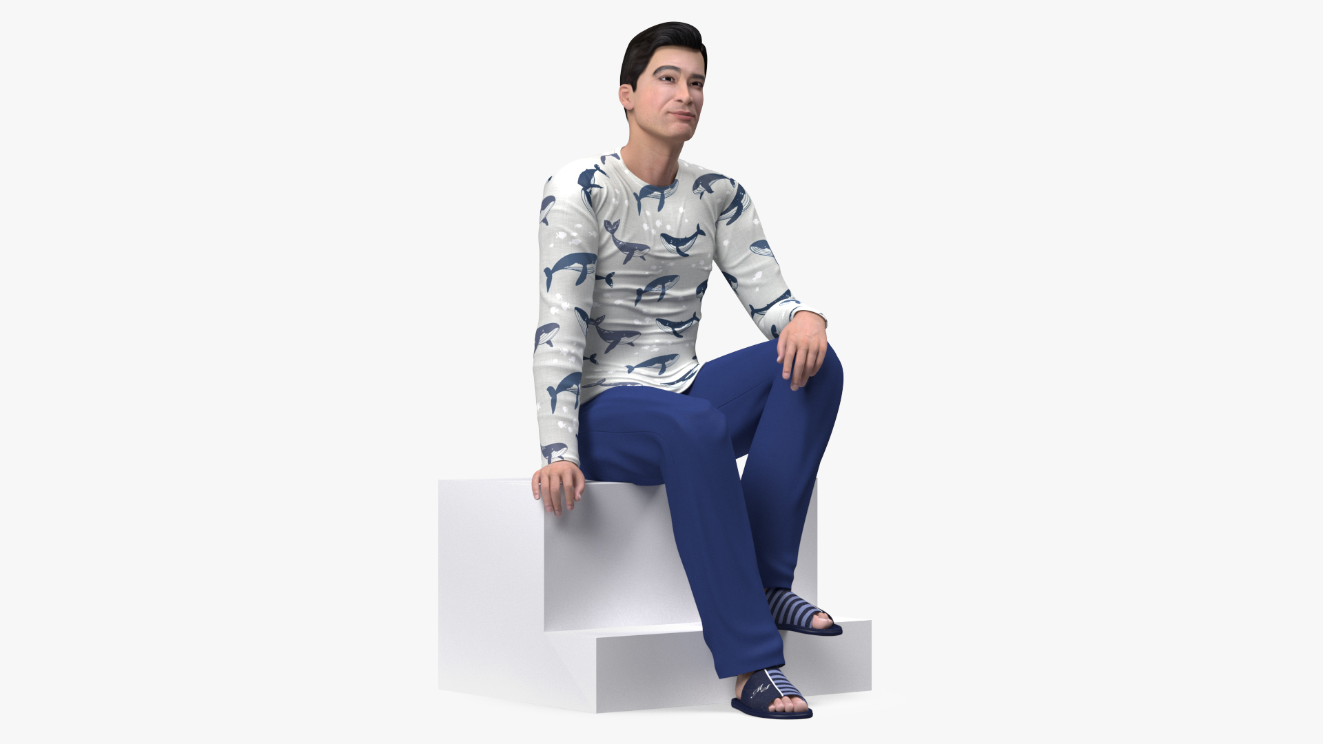 3D Asian Man Home Style Clothes Sitting Pose