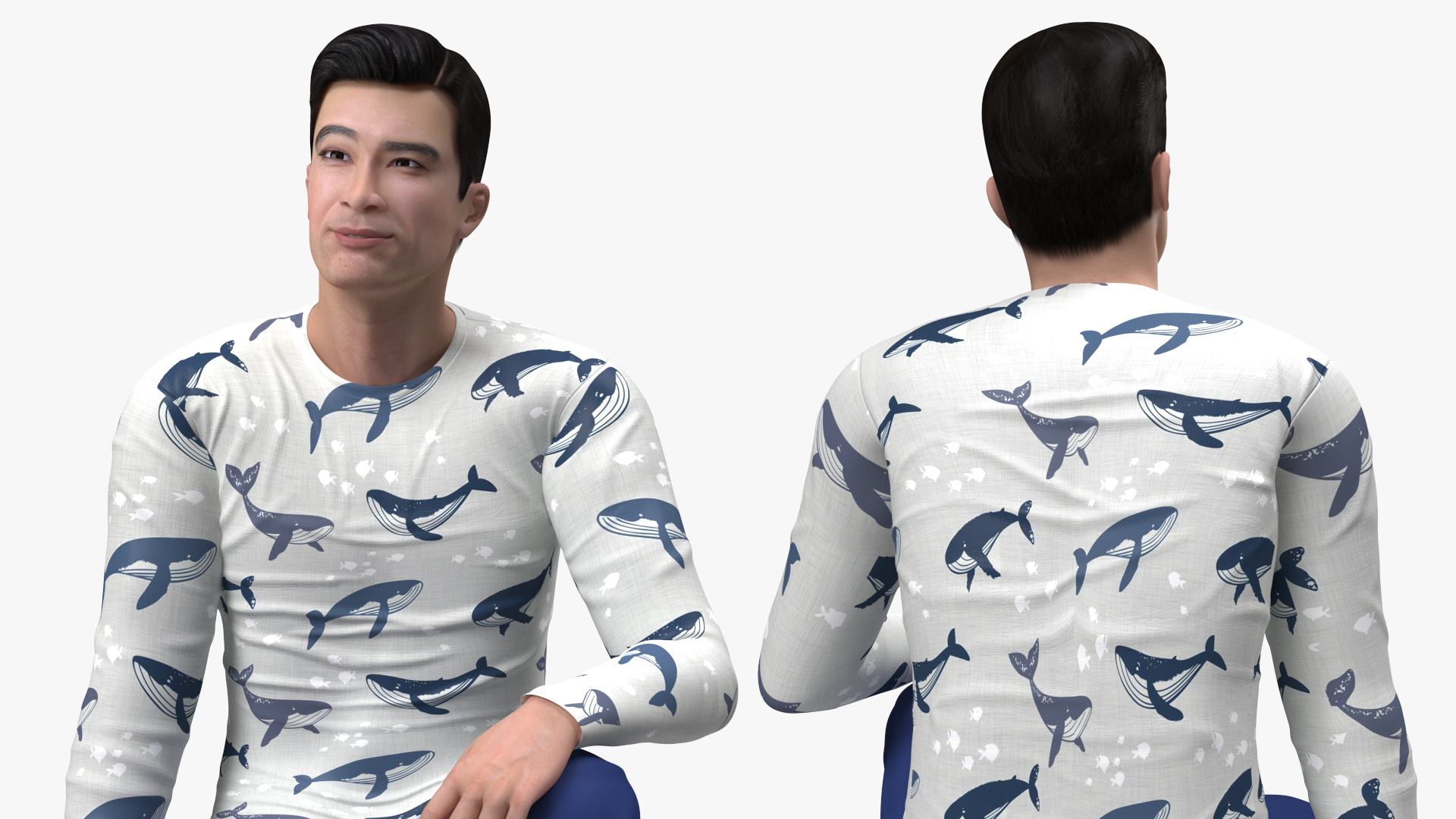 3D Asian Man Home Style Clothes Sitting Pose