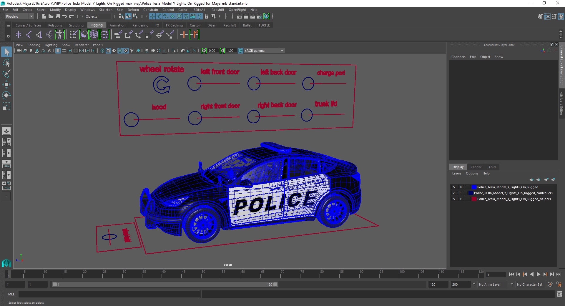 3D Police Tesla Model Y Lights On Rigged for Maya