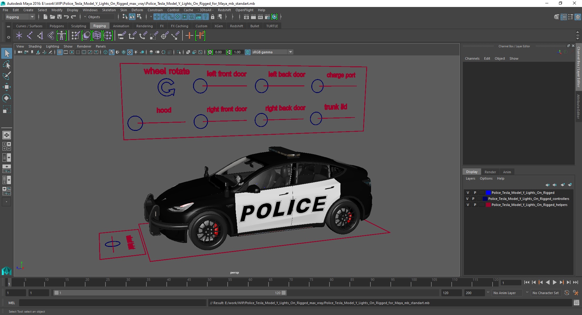 3D Police Tesla Model Y Lights On Rigged for Maya