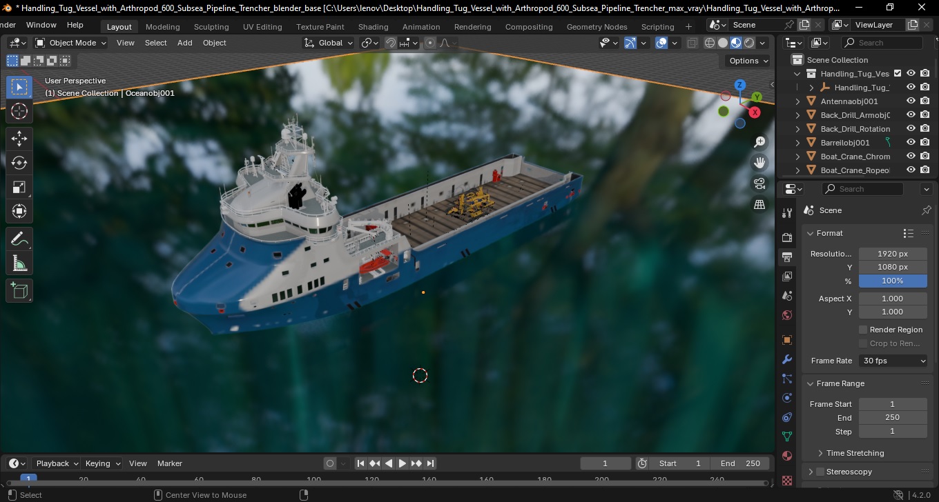 3D Handling Tug Vessel with Arthropod 600 Subsea Pipeline Trencher model